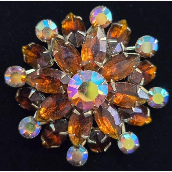 Vintage Amber, Aurora Borealis, Marquis and Round Rhinestone Brooch - Picture 2 of 6